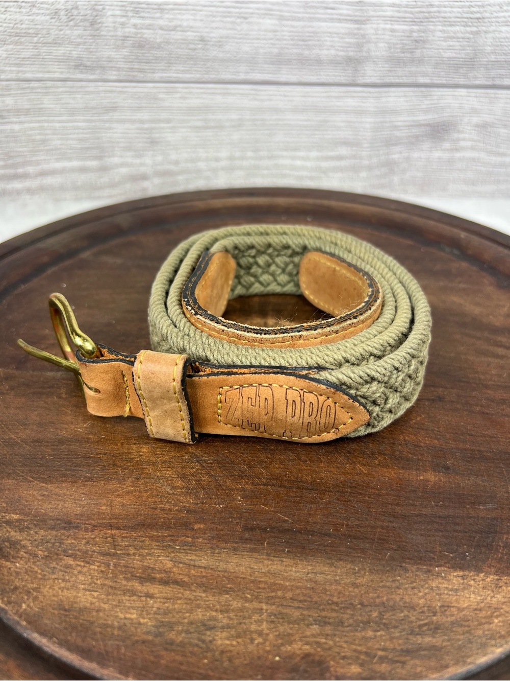 Vintage Zep-Pro Sport Belt 38 Green Woven Rope Leather Ends Brass Buckle USA